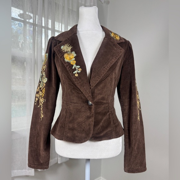 True Meaning Jackets & Blazers - Vintage Y2K TM True Meaning Brown Corduroy Floral Embroidered Cotton Blazer
